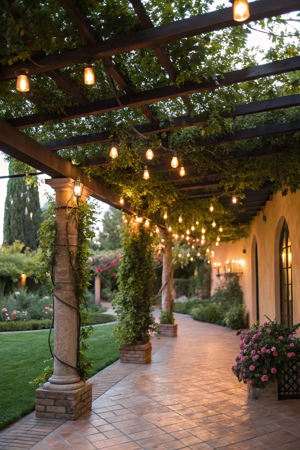 Hanging lights create an enchanting atmosphere under the pergola.