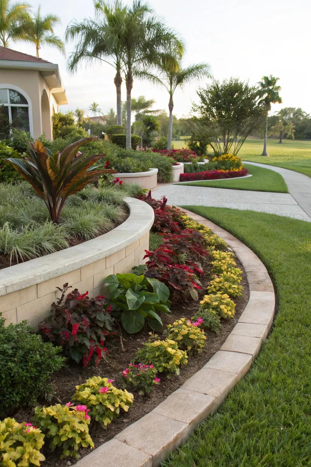 Curved planting beds offer a natural and flowing landscape design.