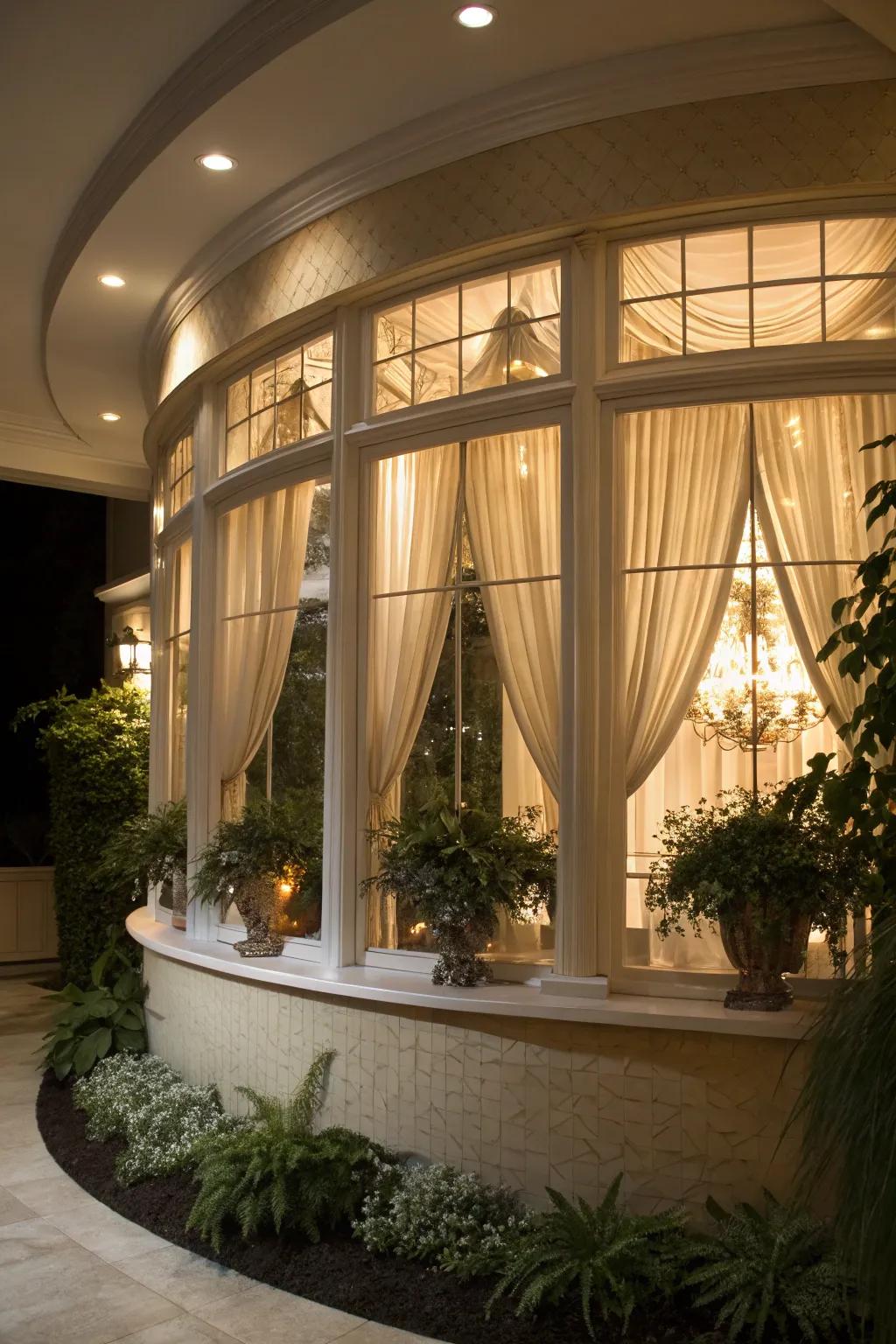 Accent lighting enhancing the elegance of a curved bay window.