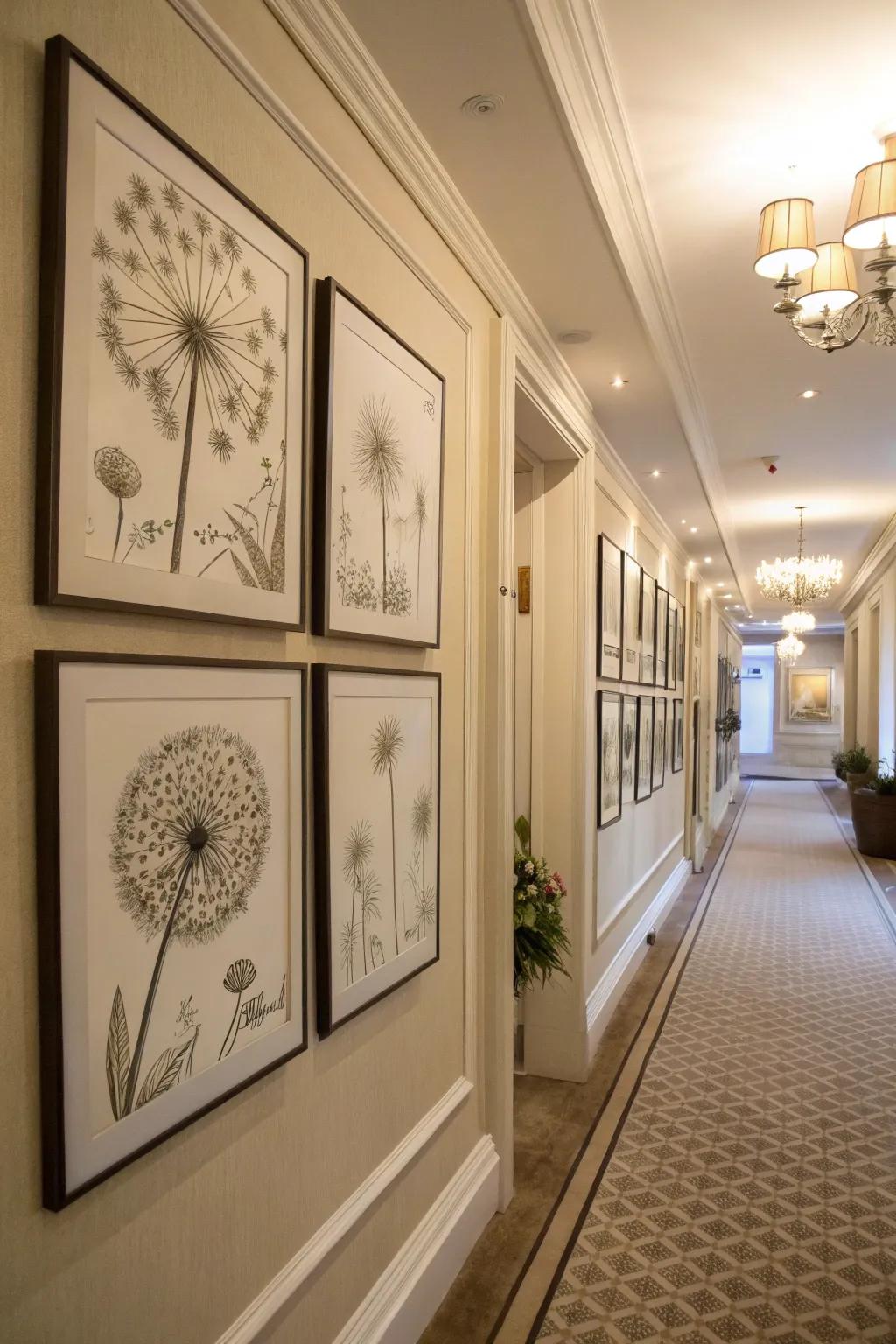 Framed sketches offer subtle elegance.