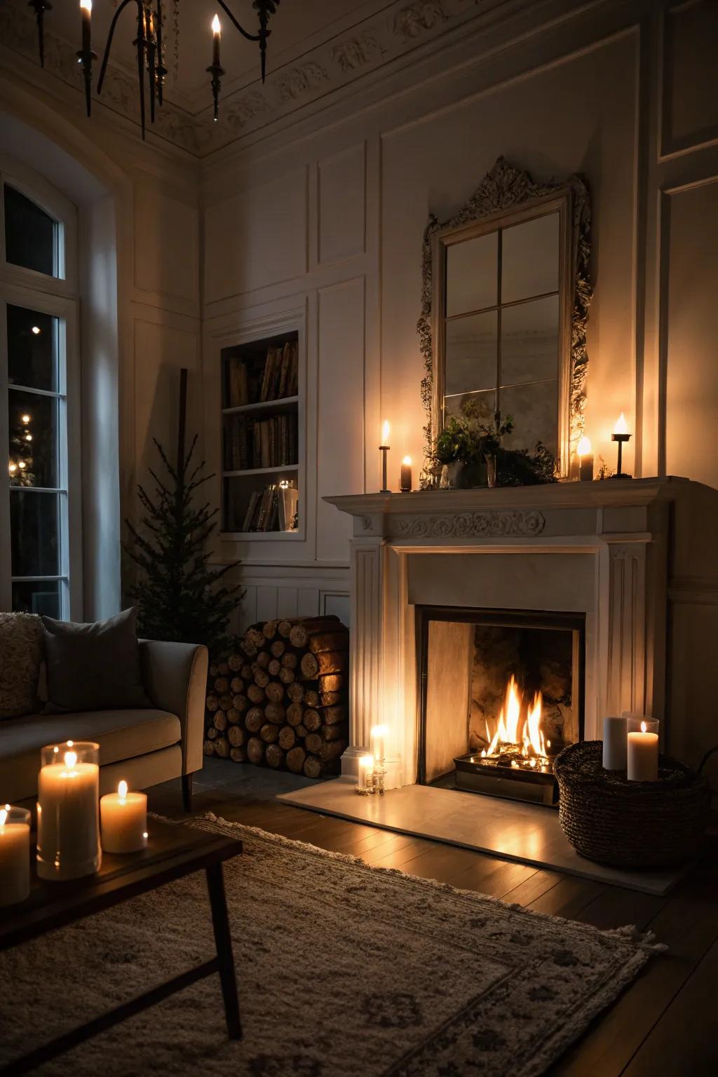 A fireplace transforms the room into a cozy retreat.