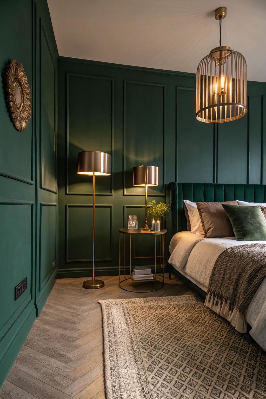 A dark green bedroom adorned with metallic lamps and neutral-toned rugs.