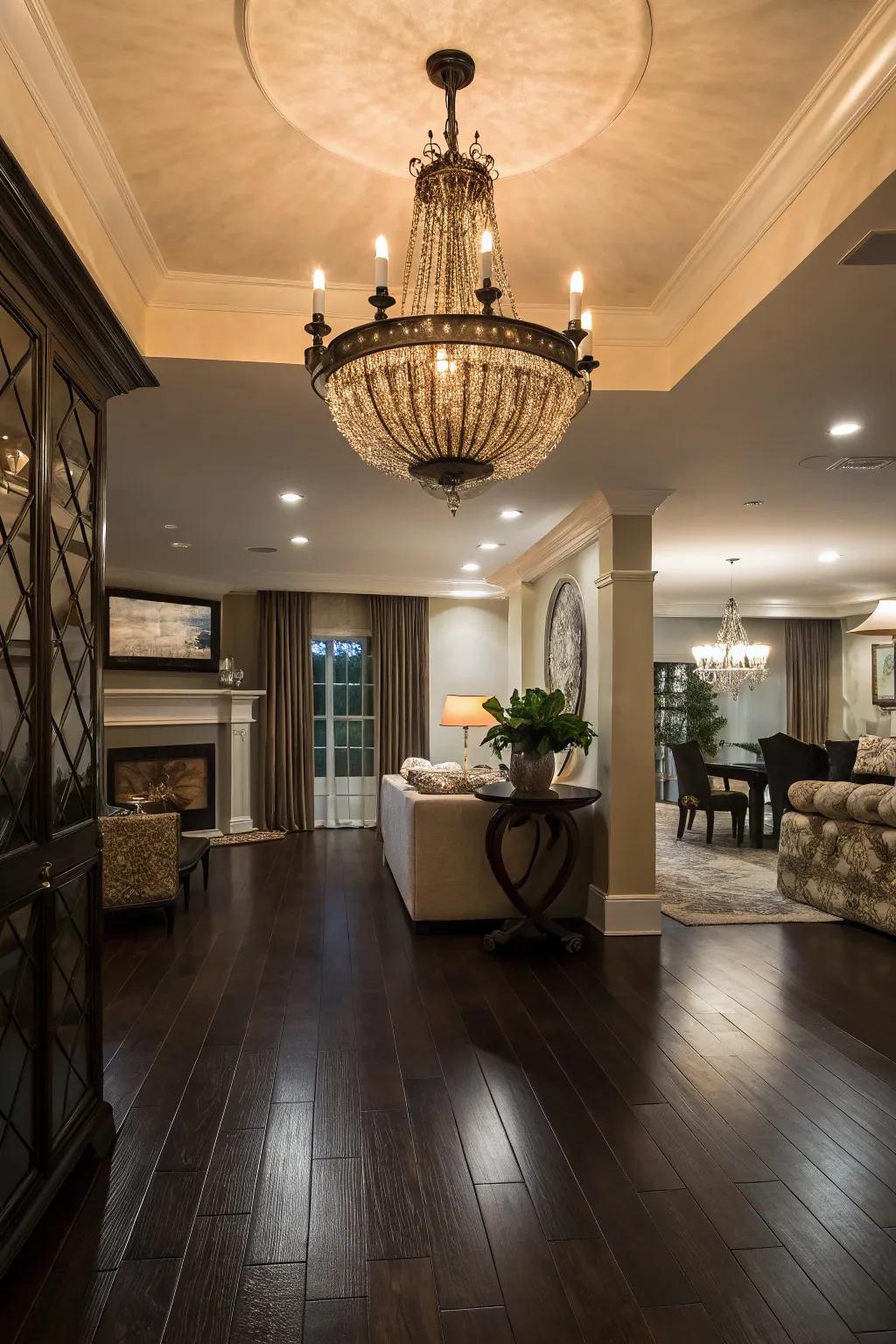 A striking chandelier adds interest to this room with dark wood floors.