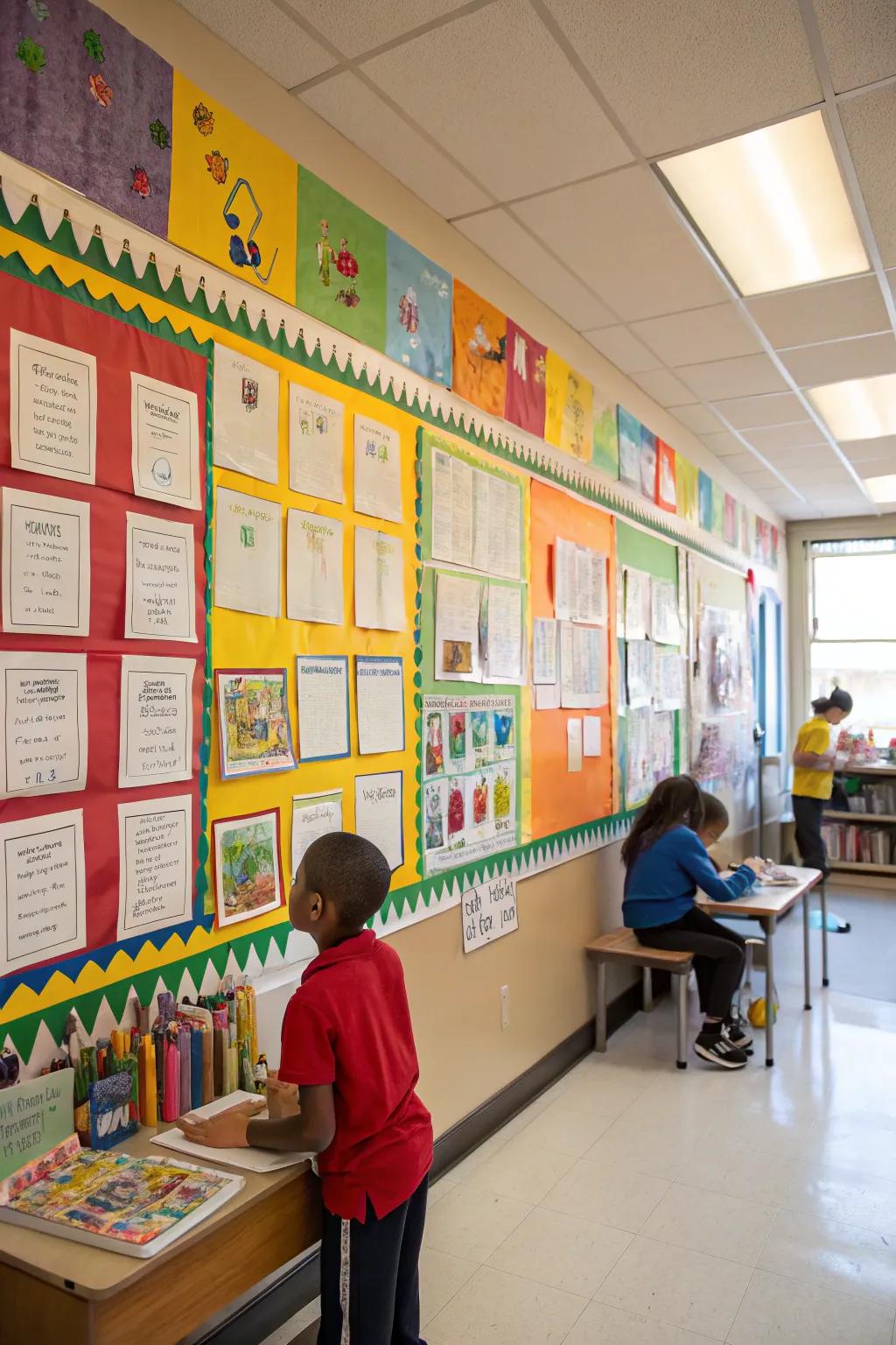 A data wall personalized with student artwork.