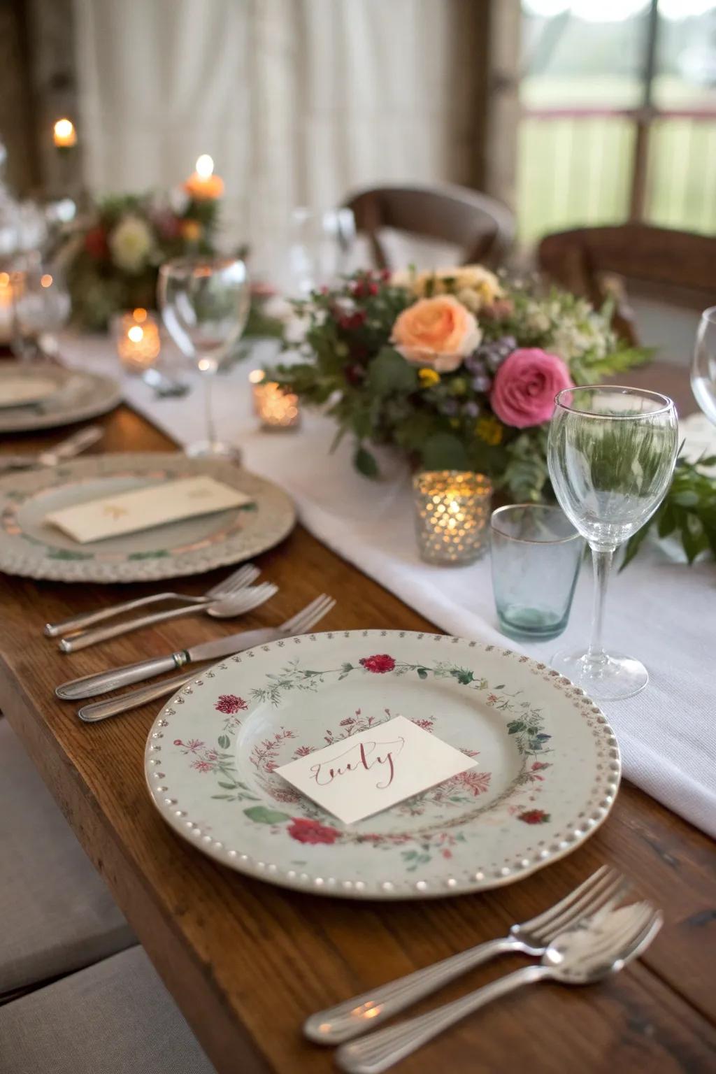 Personalized charger plates with handwritten place cards.