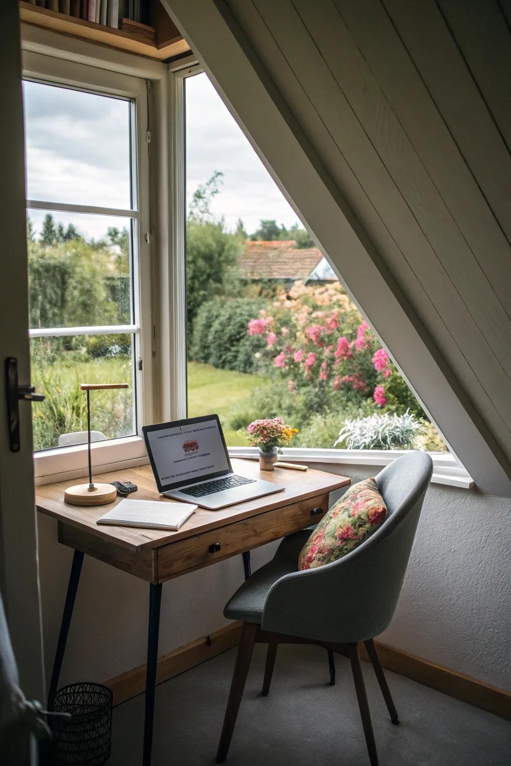 A dormer office offers a serene work environment.