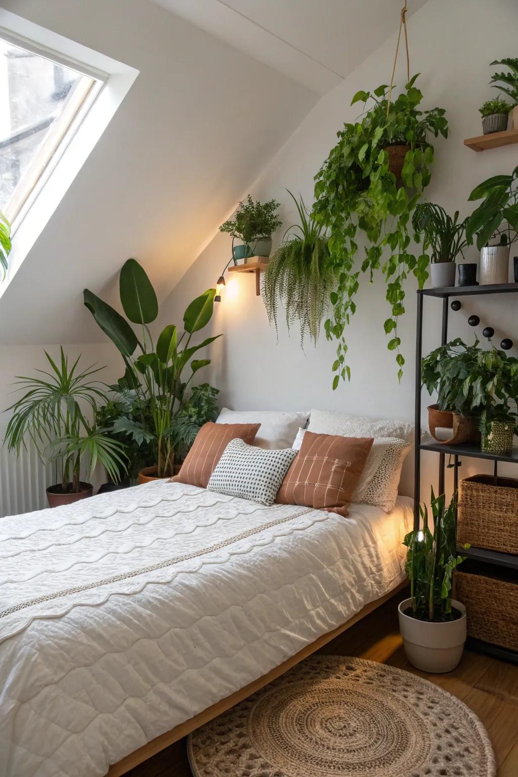 Plants add a natural touch and serenity to a diagonal bed.