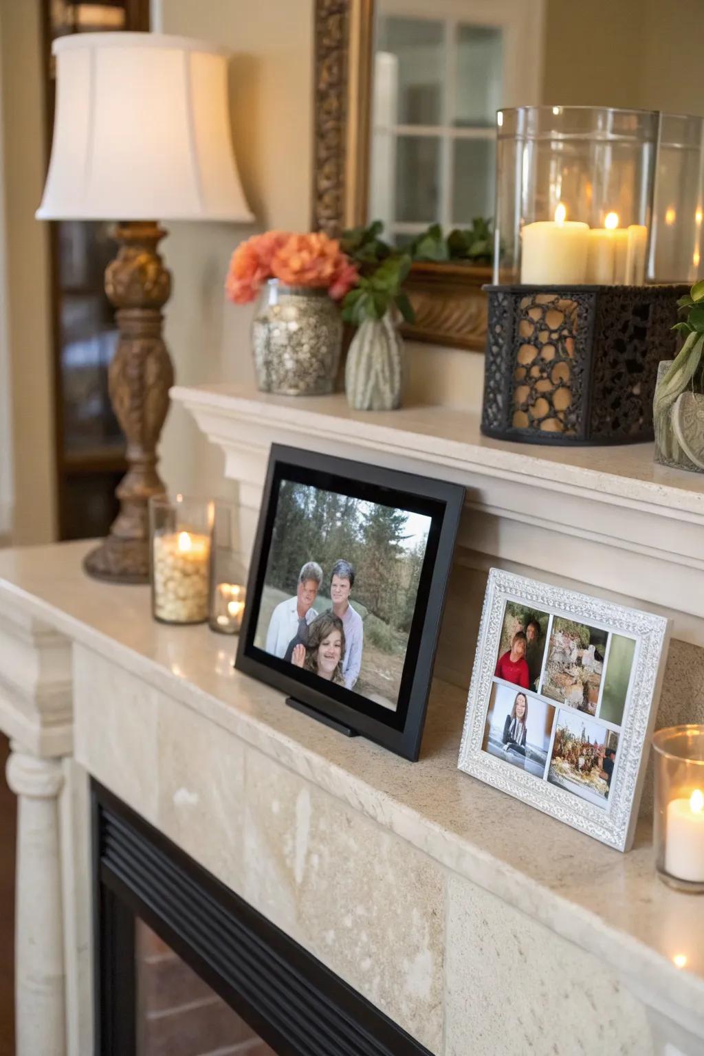 A mantel becomes a focal point with a digital frame.