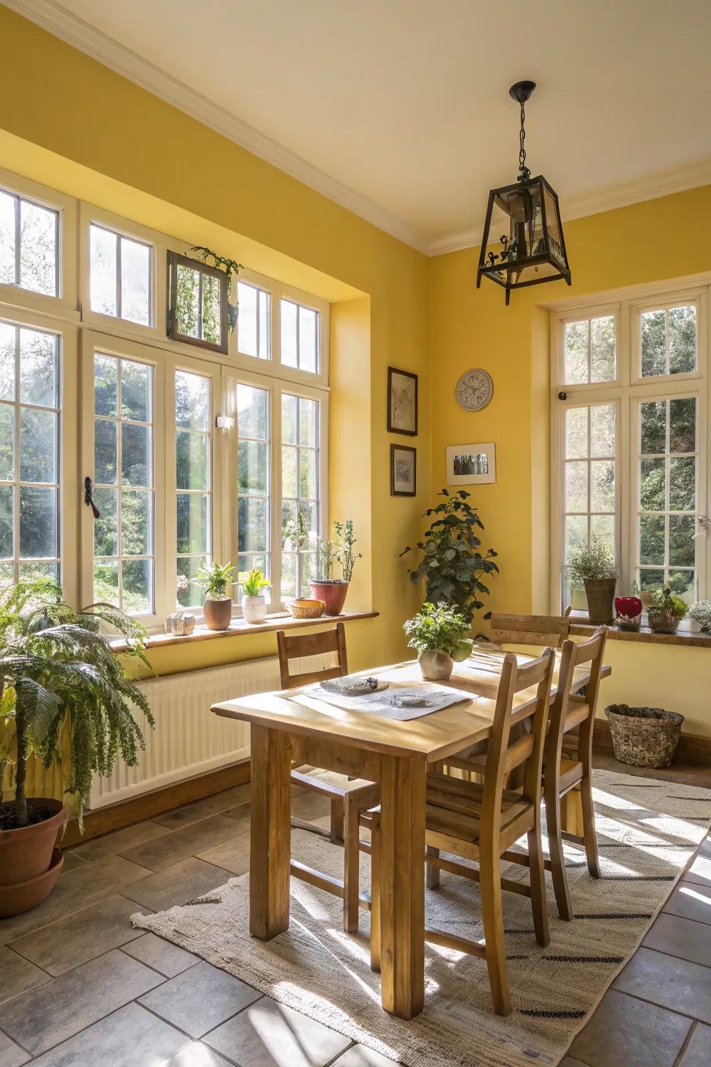 A bright and cheerful dining room illuminated by yellow tones.