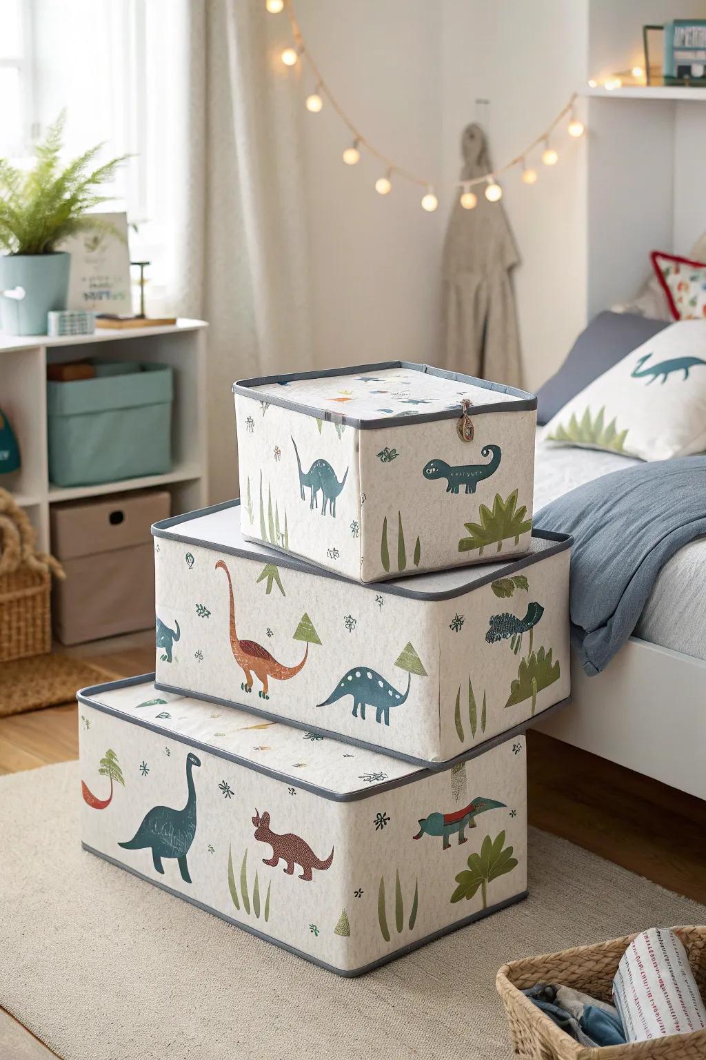 Dinosaur-printed storage boxes maximizing underbed space.