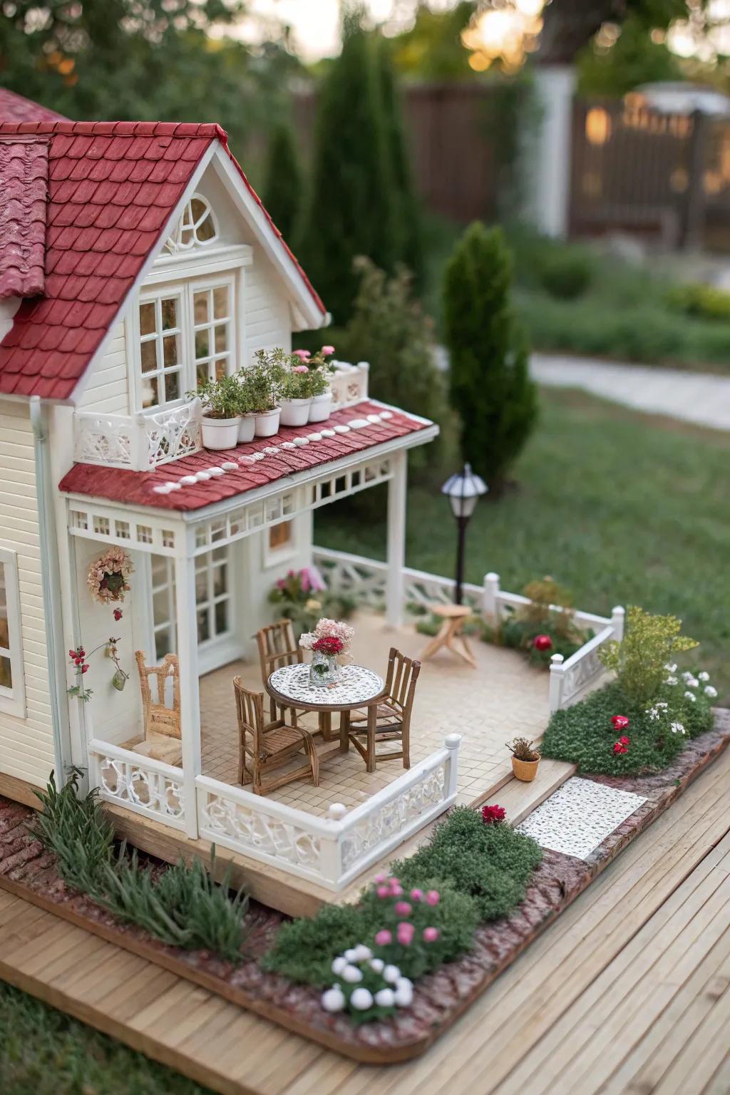 Create a serene outdoor oasis for your dollhouse with garden elements.