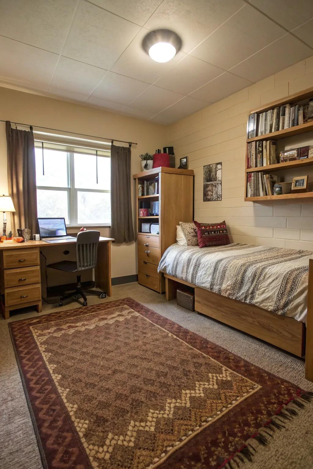 A textured rug in a dorm room, adding warmth and style to the space.