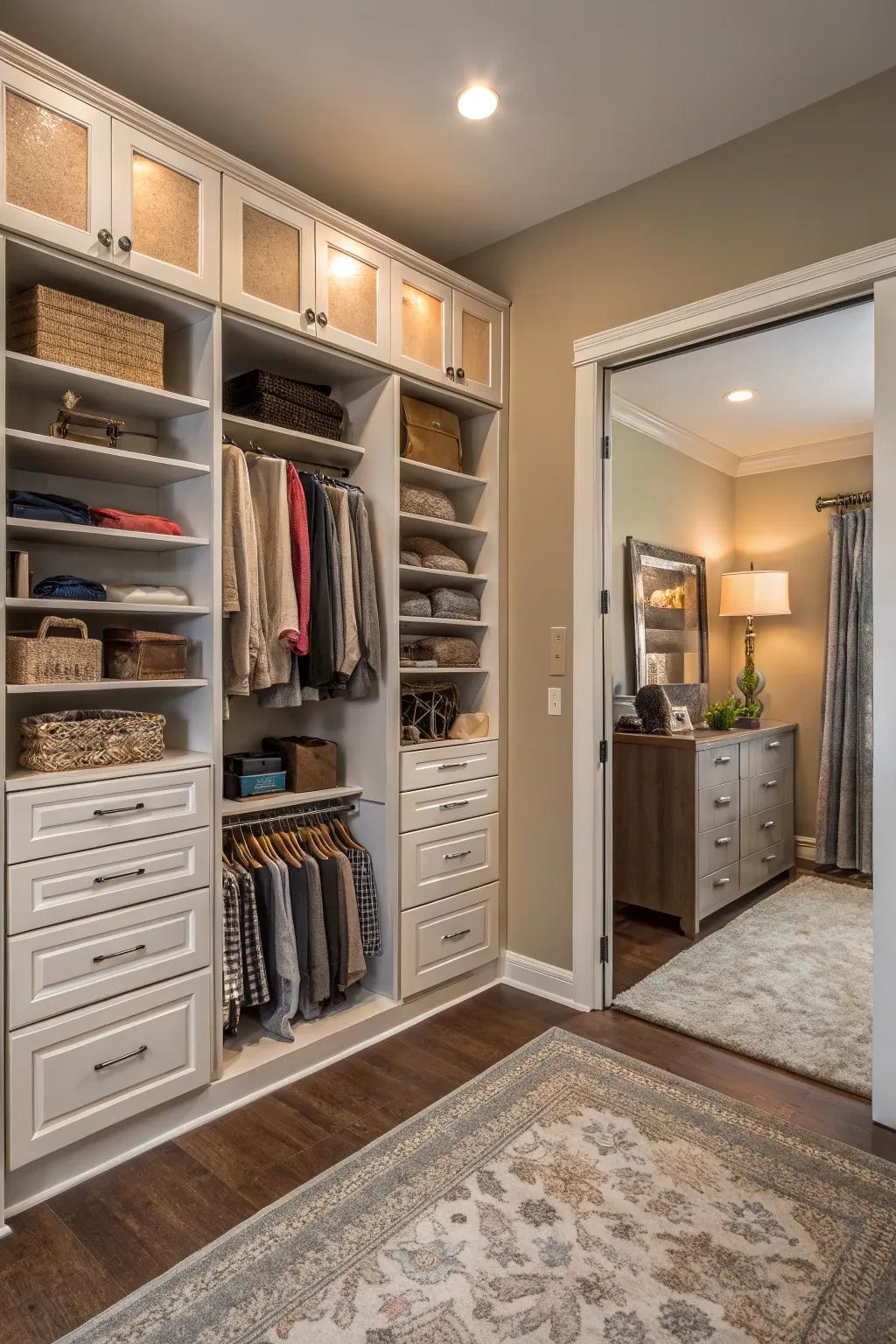 Customizable storage solutions in a double closet adapt to your changing needs.