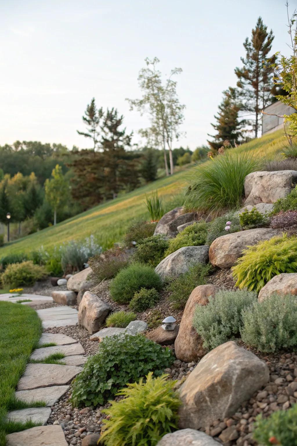 Natural landscaping integrates beautifully with a sloped backyard.