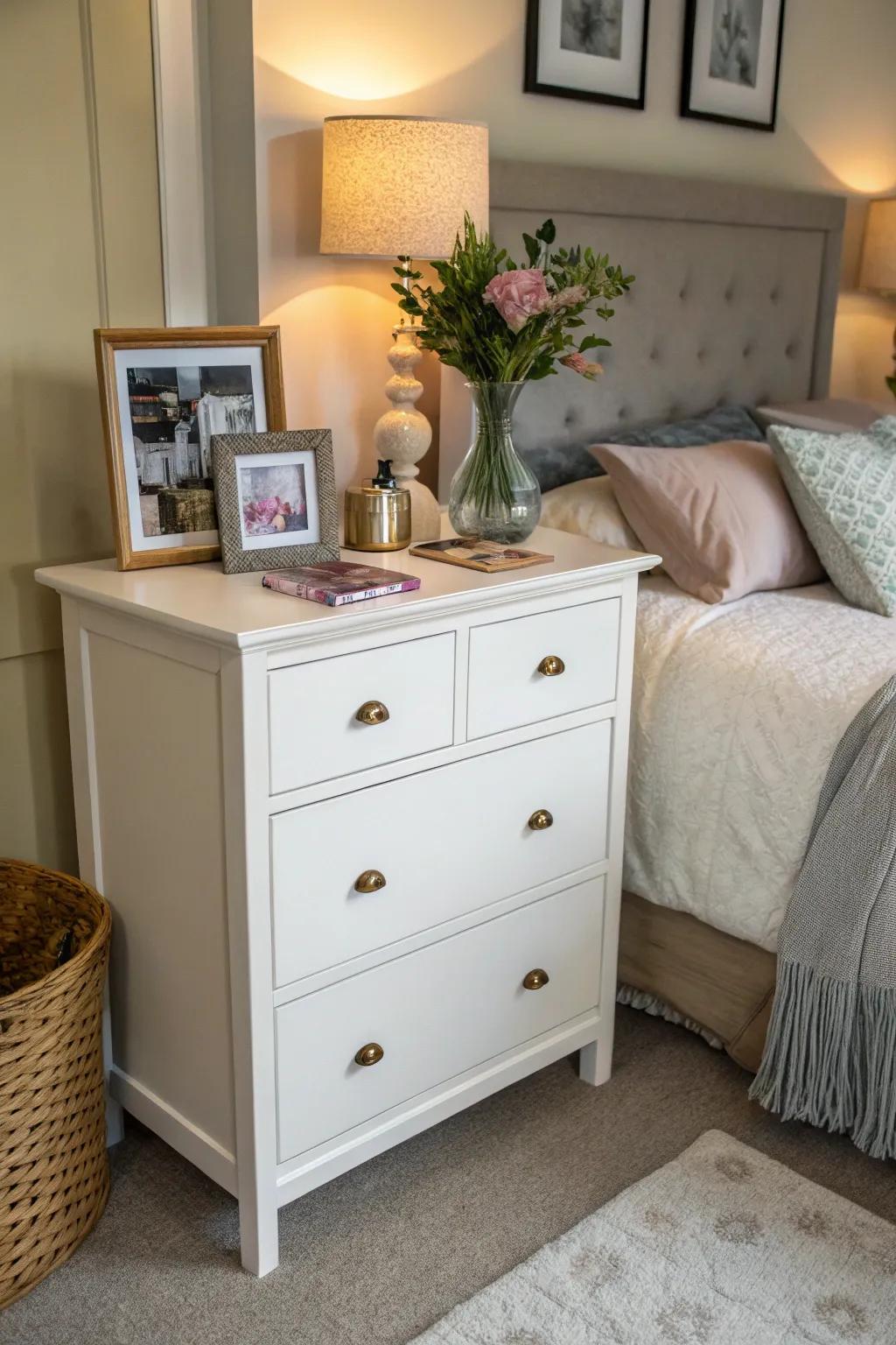 A dual-purpose dresser serving as both storage and a vanity in a small bedroom.