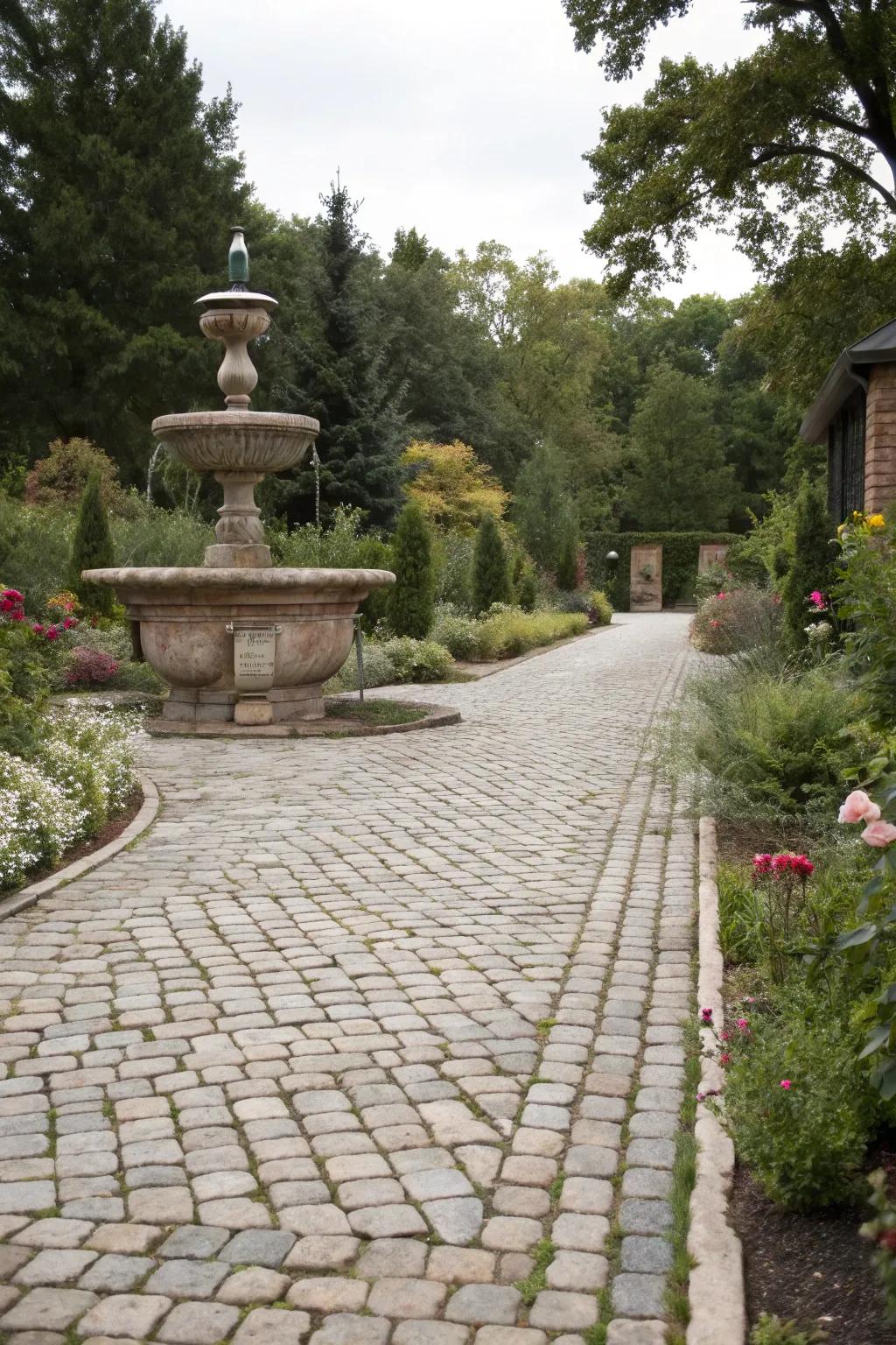 Cobblestones and a classic fountain create rustic appeal.