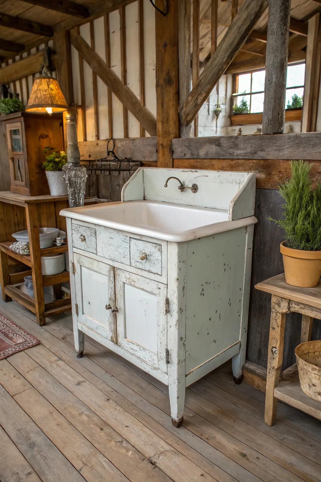 A distressed finish gives this dry sink a vintage charm.