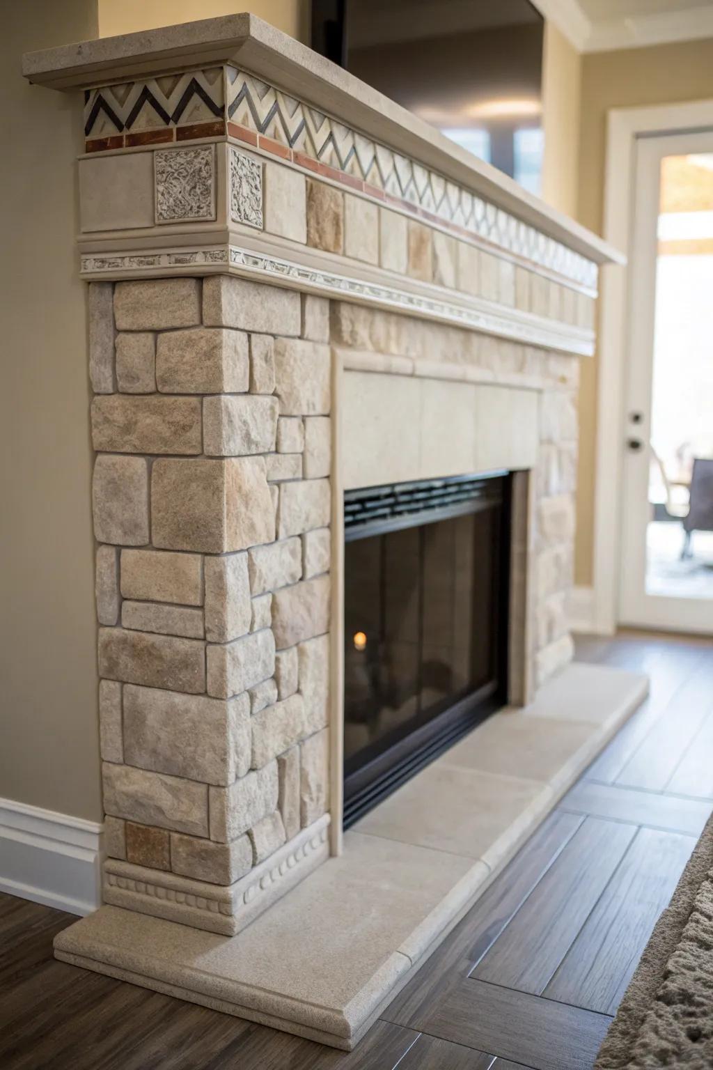 Stone accents provide texture to a drywall fireplace.