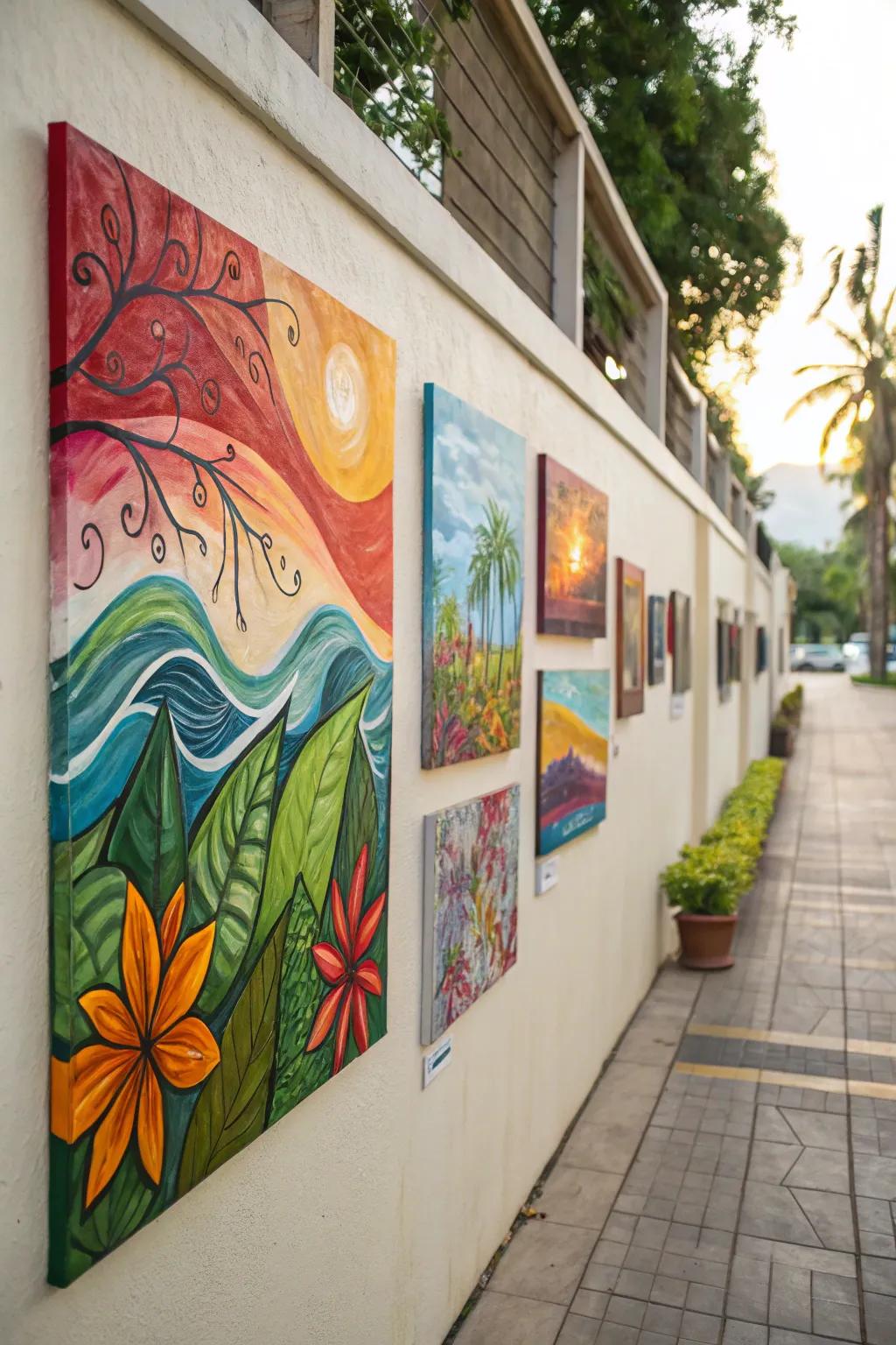 Wall adorned with natural-themed abstract artwork.