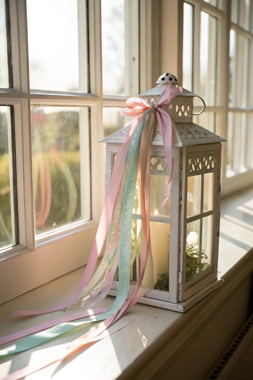 Pastel ribbons add a gentle, festive flair to lanterns.