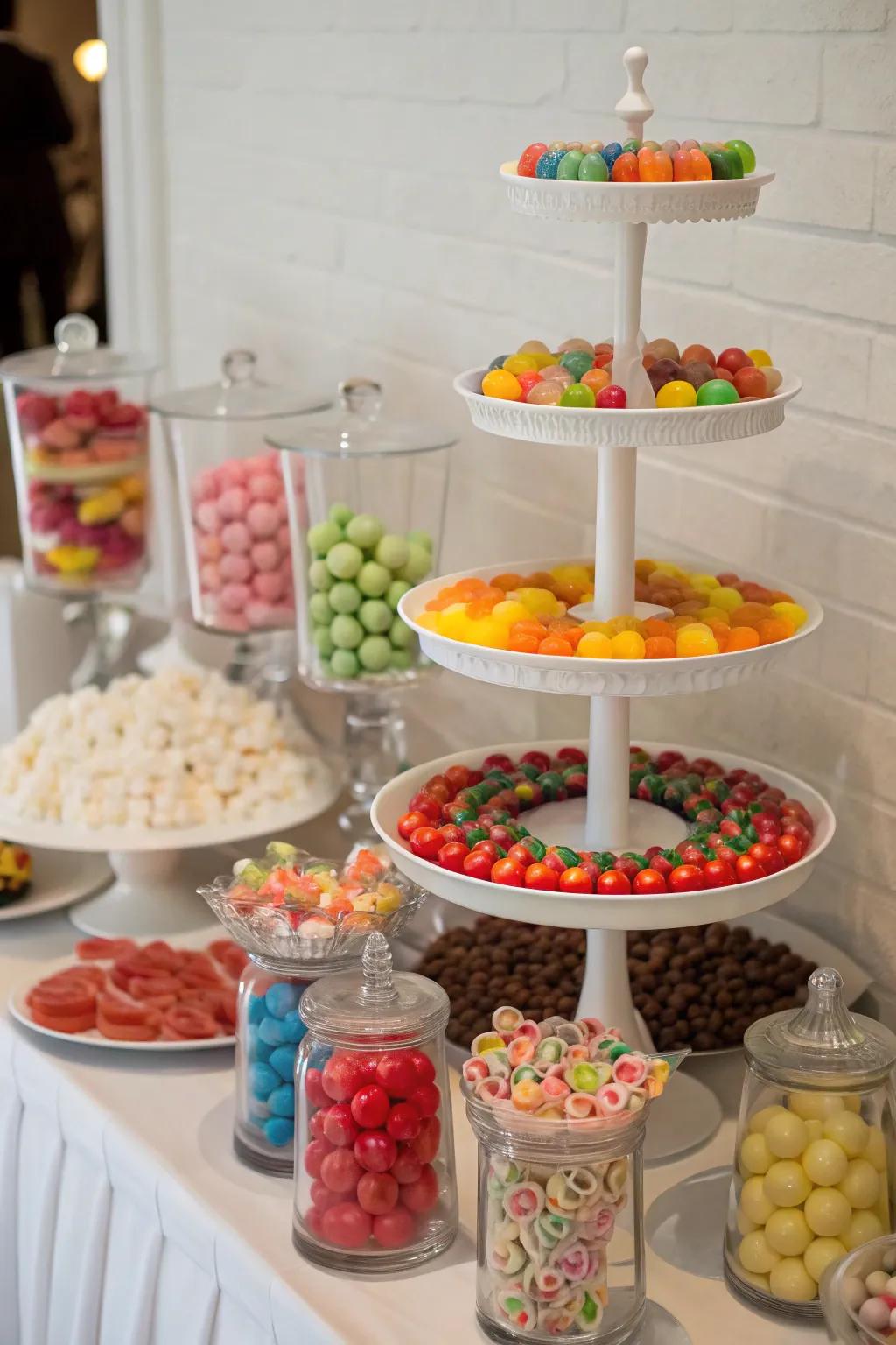 Tiered stands creating a dynamic candy display.