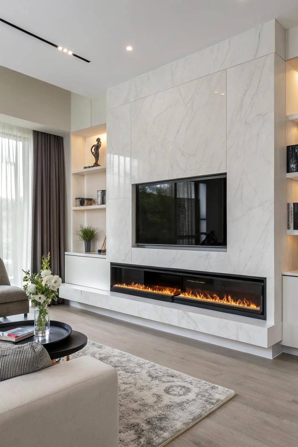 A slim-profile electric fireplace offers elegance without renovations.