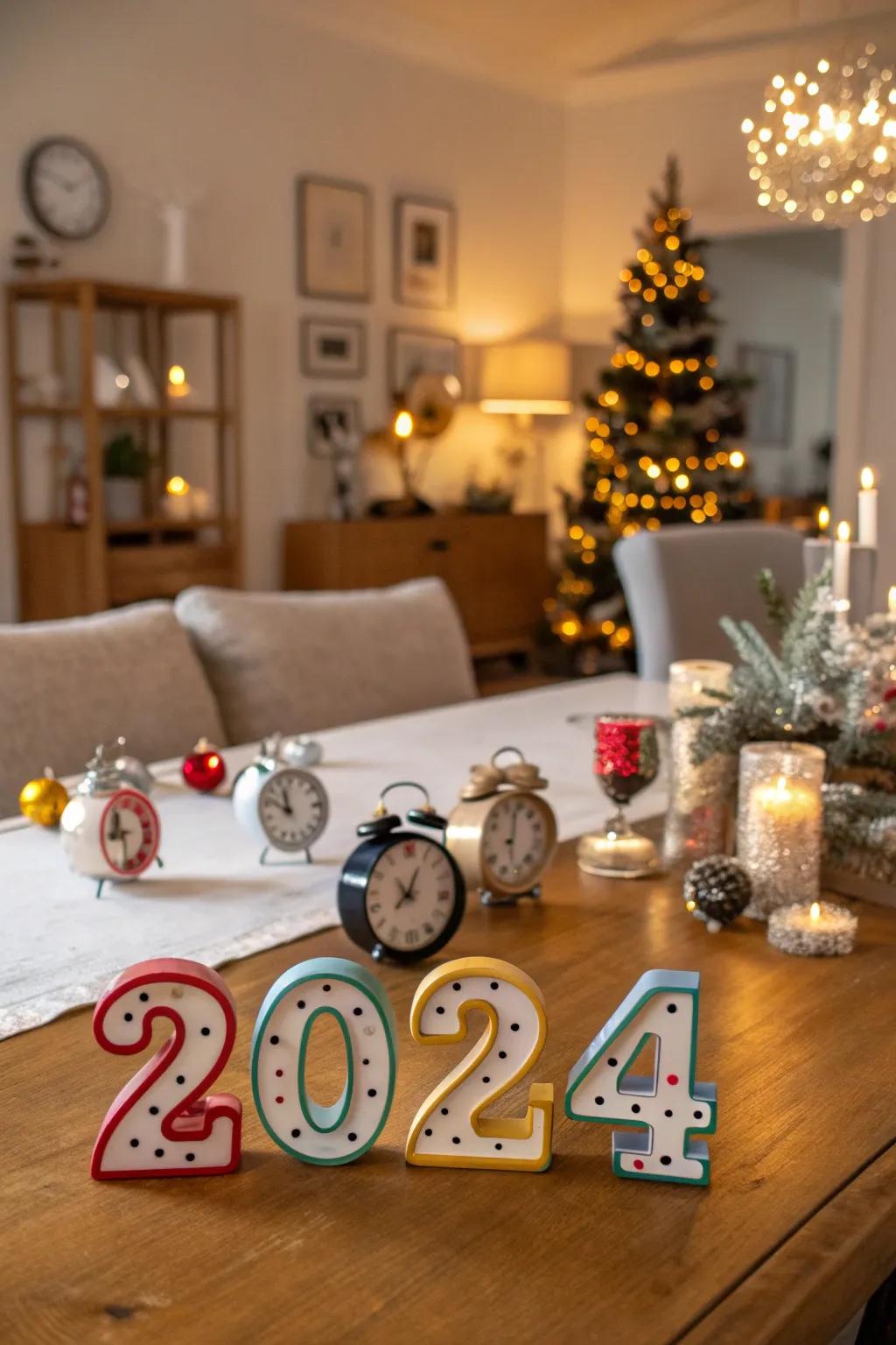 New Year's themed decor with clocks and numbers