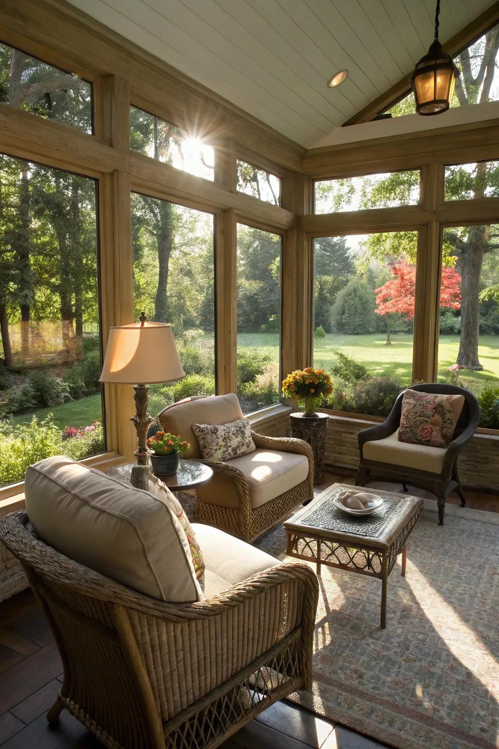 Experience serene comfort in a sunroom setting.