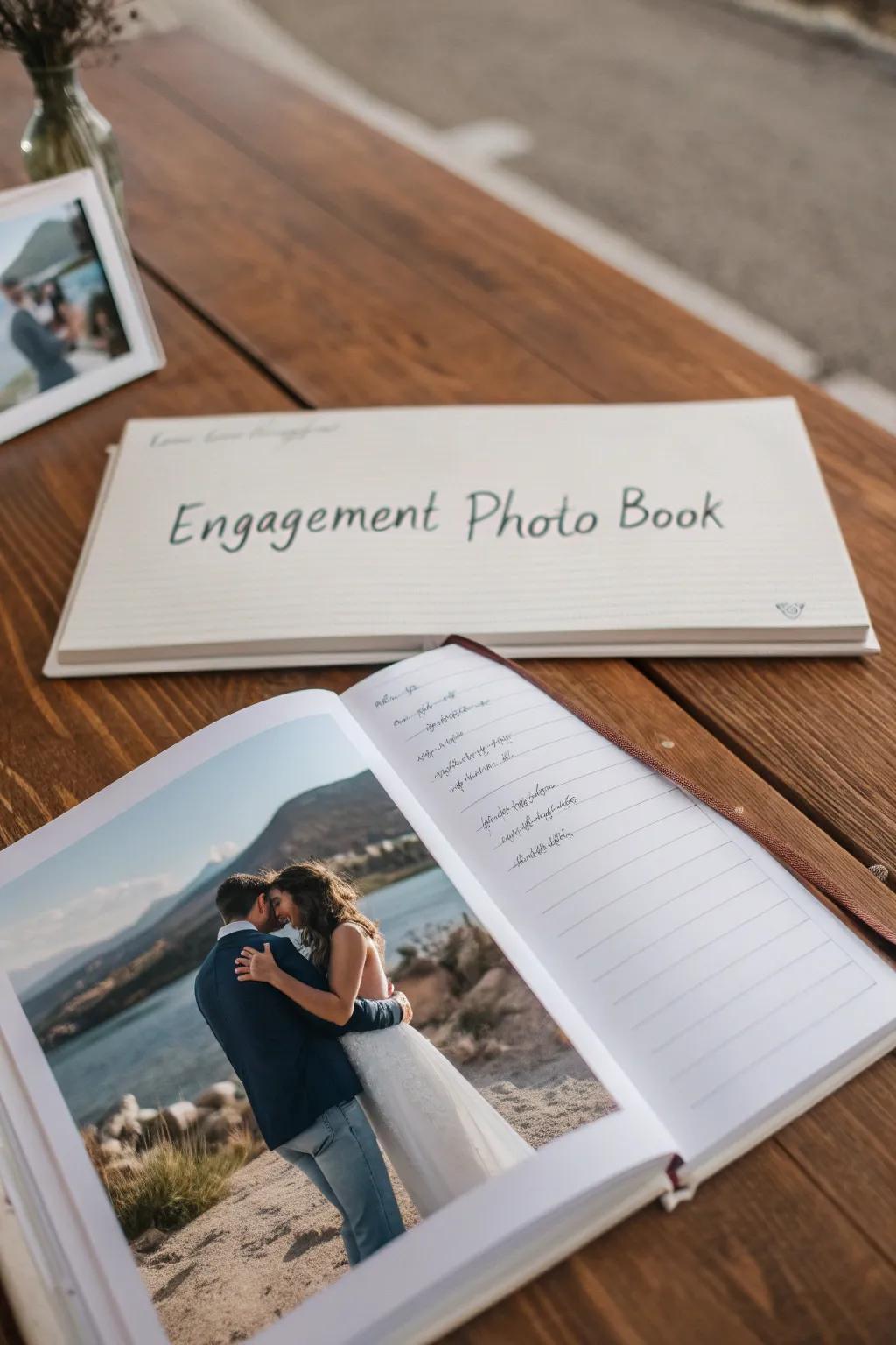 Personal messages add a heartfelt touch to an engagement photo book.