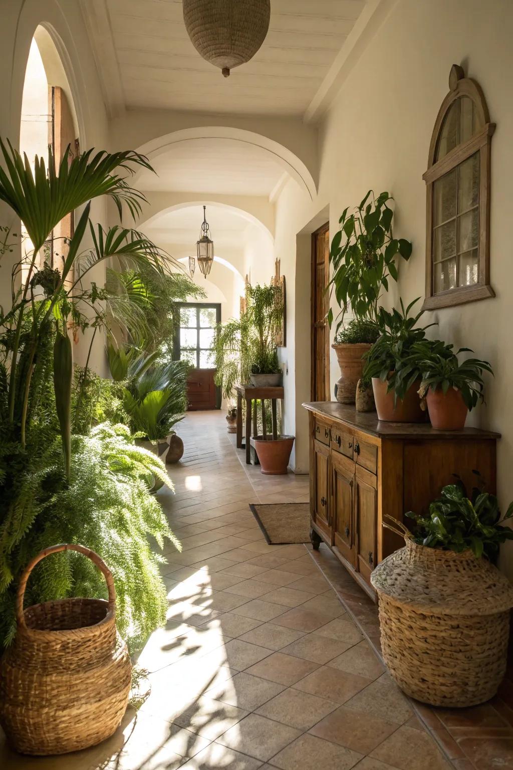 Indoor plants add freshness and life to this entry hallway.