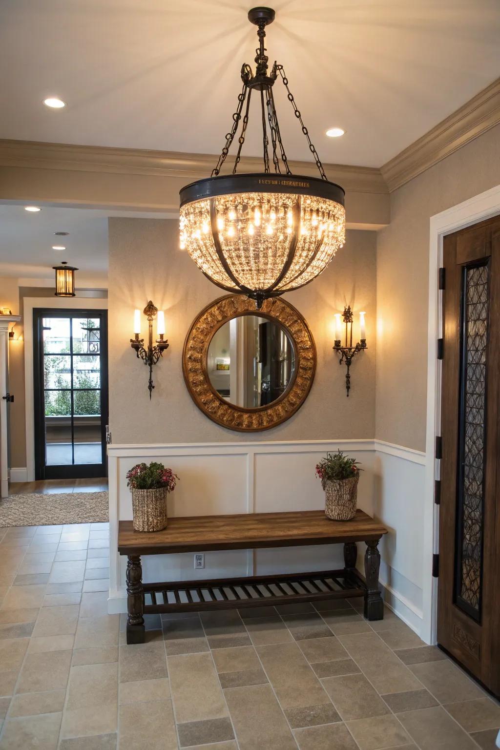 A striking lighting fixture adds an elegant touch to this entryway bench.