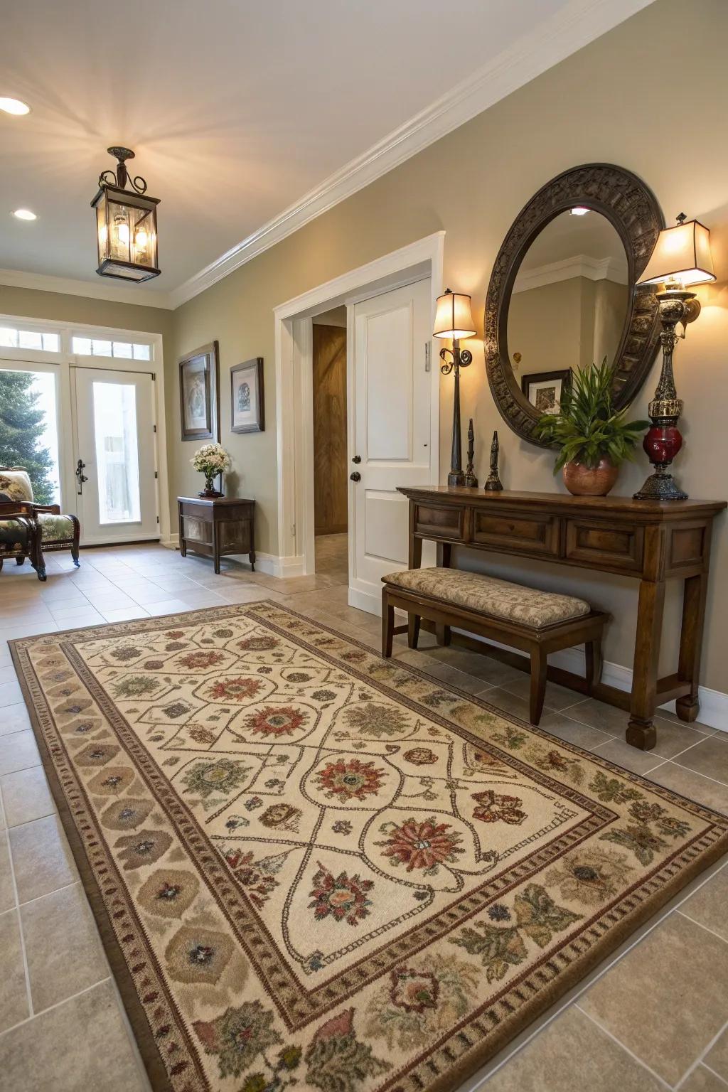 Rugs bring warmth and define the entryway area.