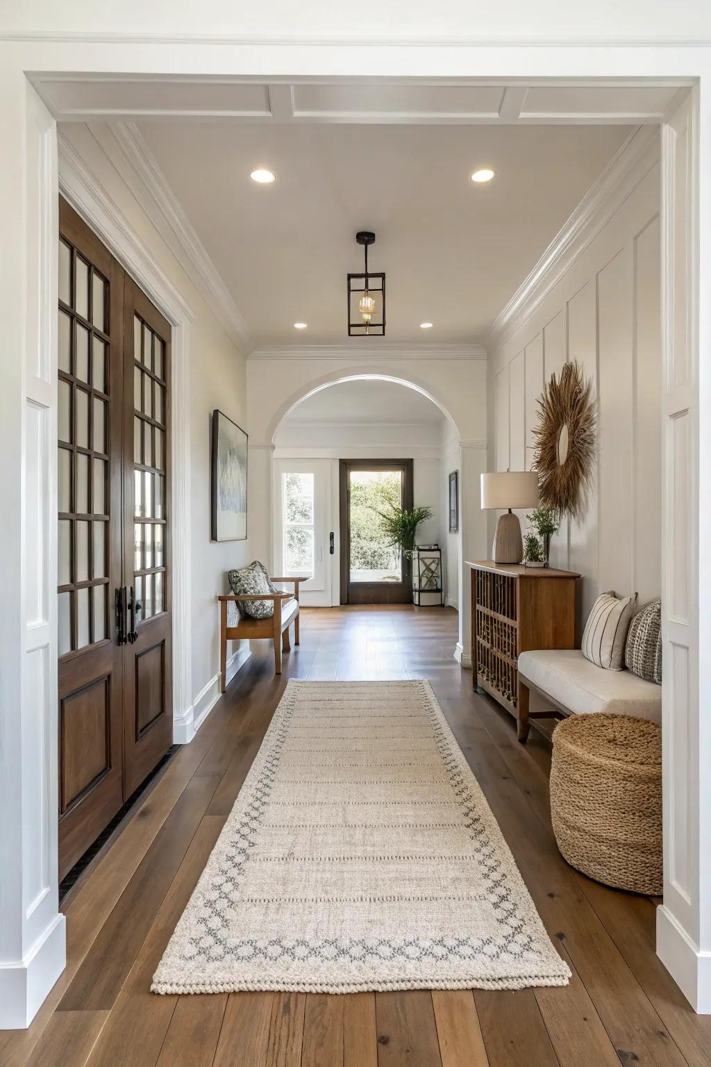 A rug that matches the flooring can create a seamless transition in your entryway.