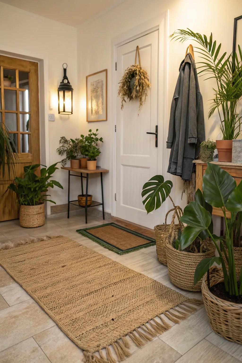 An entryway featuring a jute rug and plants, creating a cozy and welcoming atmosphere.