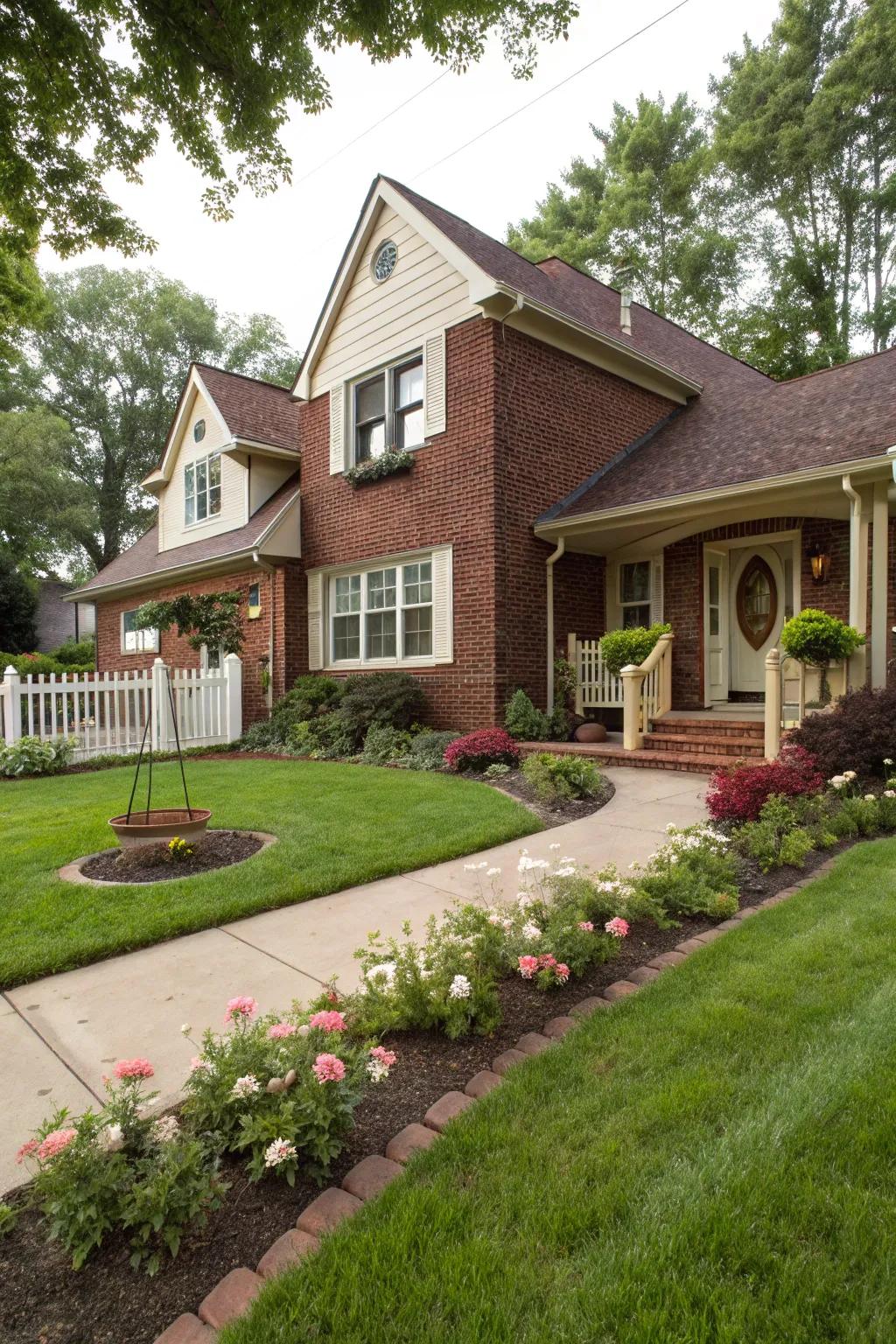 Creamy beige adds warmth to dark red brick.