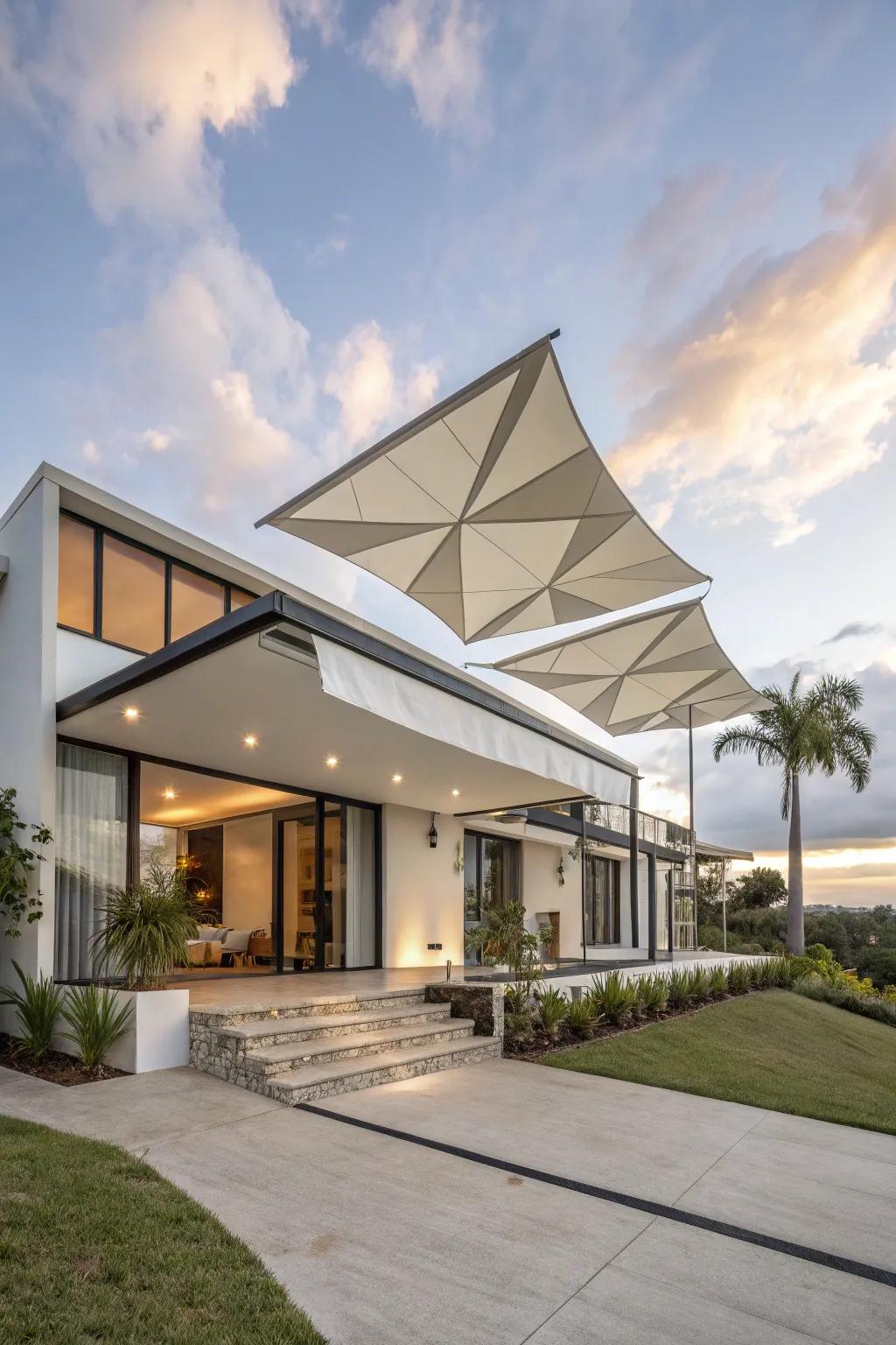 Geometric awnings create a bold, artistic statement.