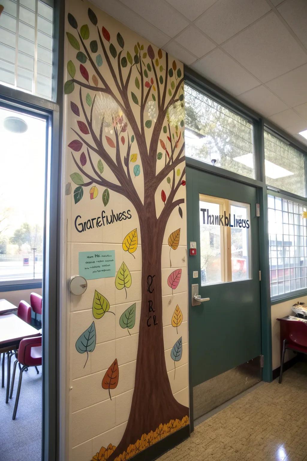 Thankful tree door decor with gratitude leaves.