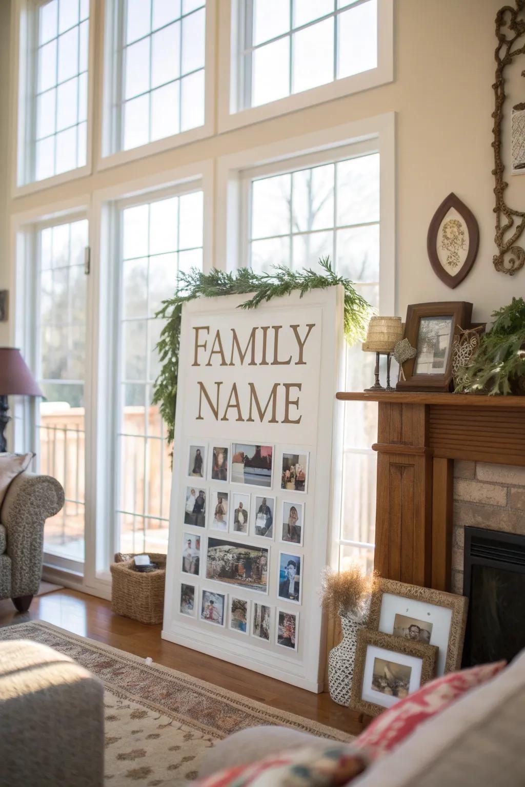 A family name sign featuring individual family member names in a living room.