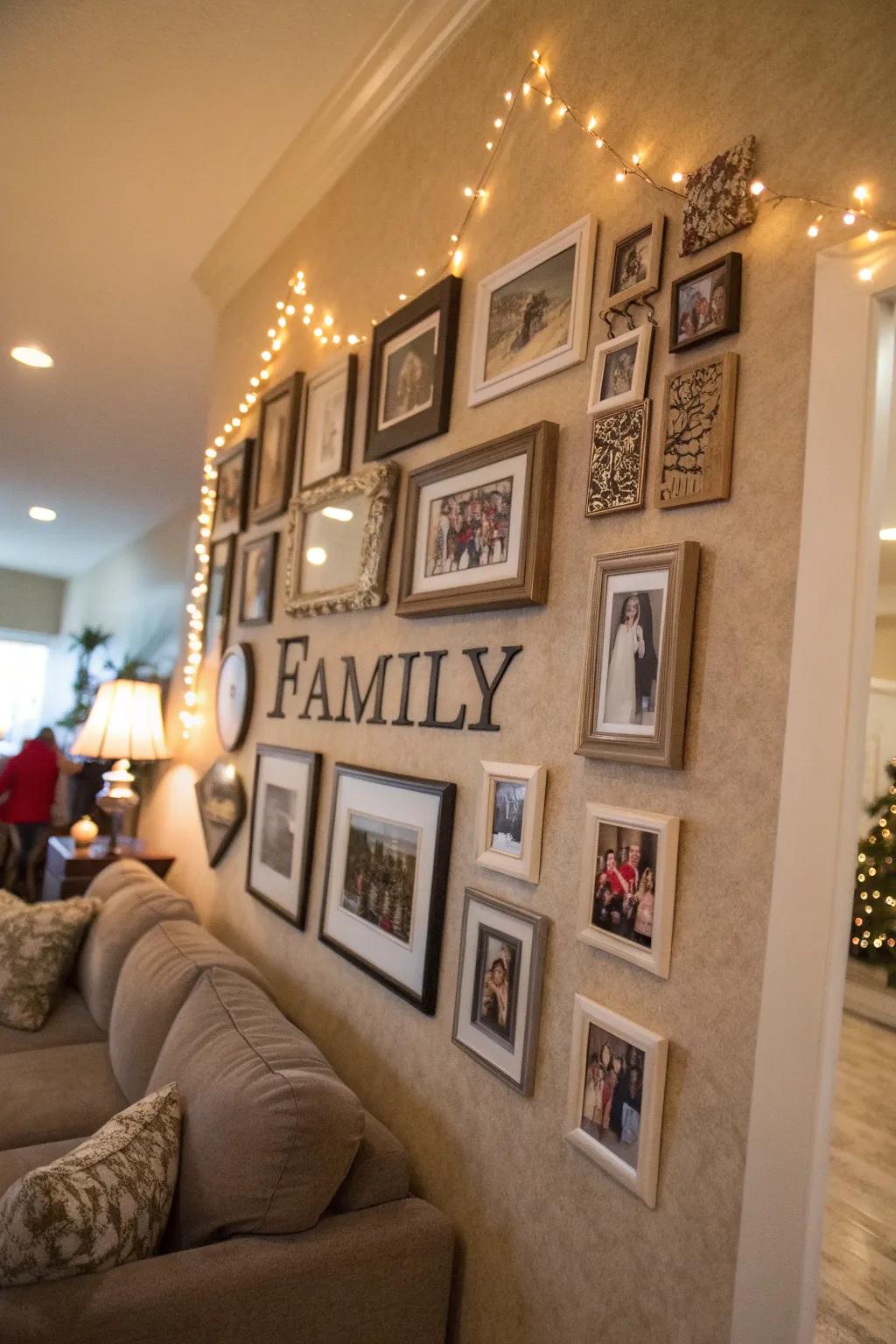 Personalized family wall featuring decorative initials and photo frames.