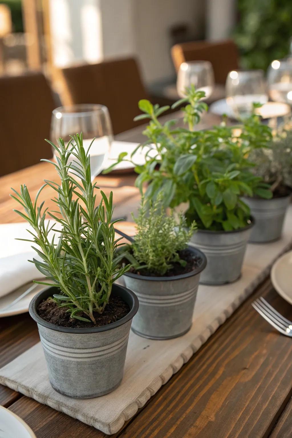 Fresh herbs in pots add a fragrant and green touch to the table.