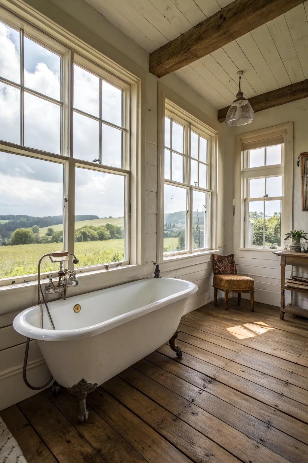 Natural lighting enhances the warm and inviting atmosphere of a farmhouse bathroom.