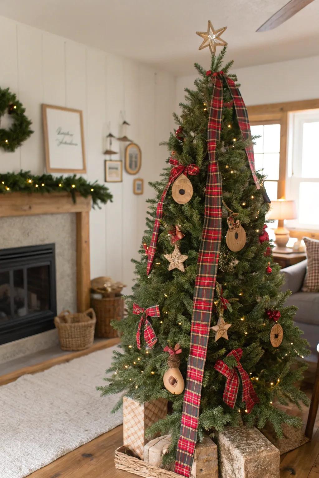 Plaid patterns add a classic rustic touch to this farmhouse Christmas tree.