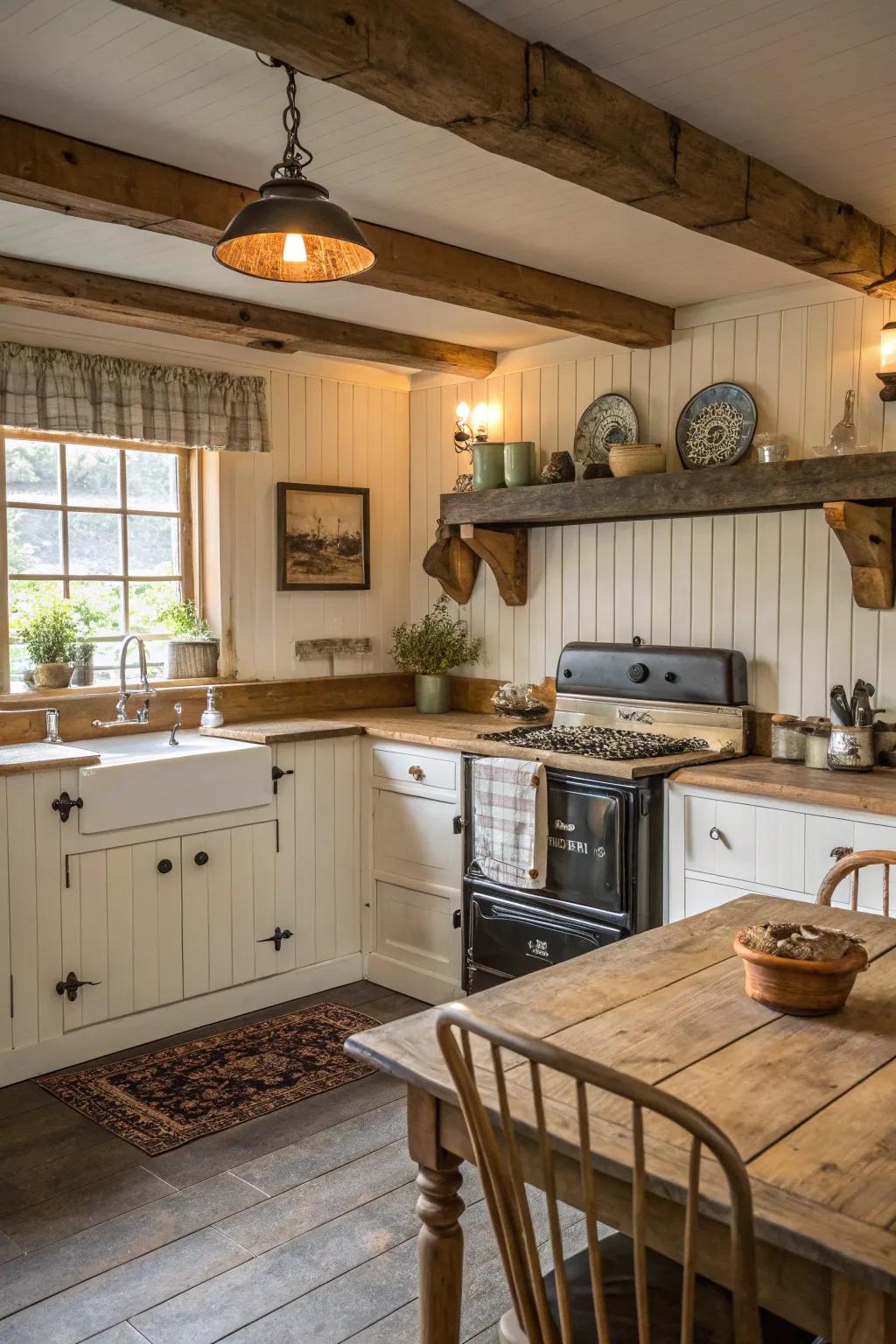 A farmhouse kitchen with a charming beadboard backsplash.