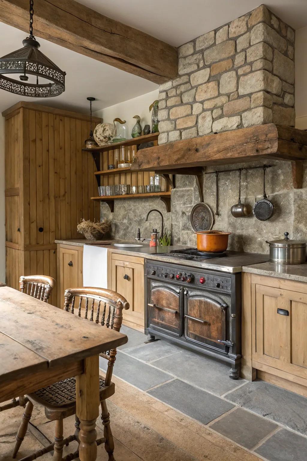 A farmhouse kitchen featuring a mix of wood, stone, and metal elements.