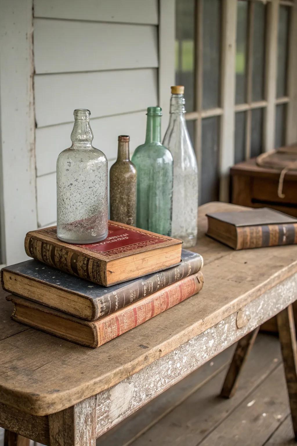 Vintage books and bottles add a nostalgic touch to your farmhouse table.