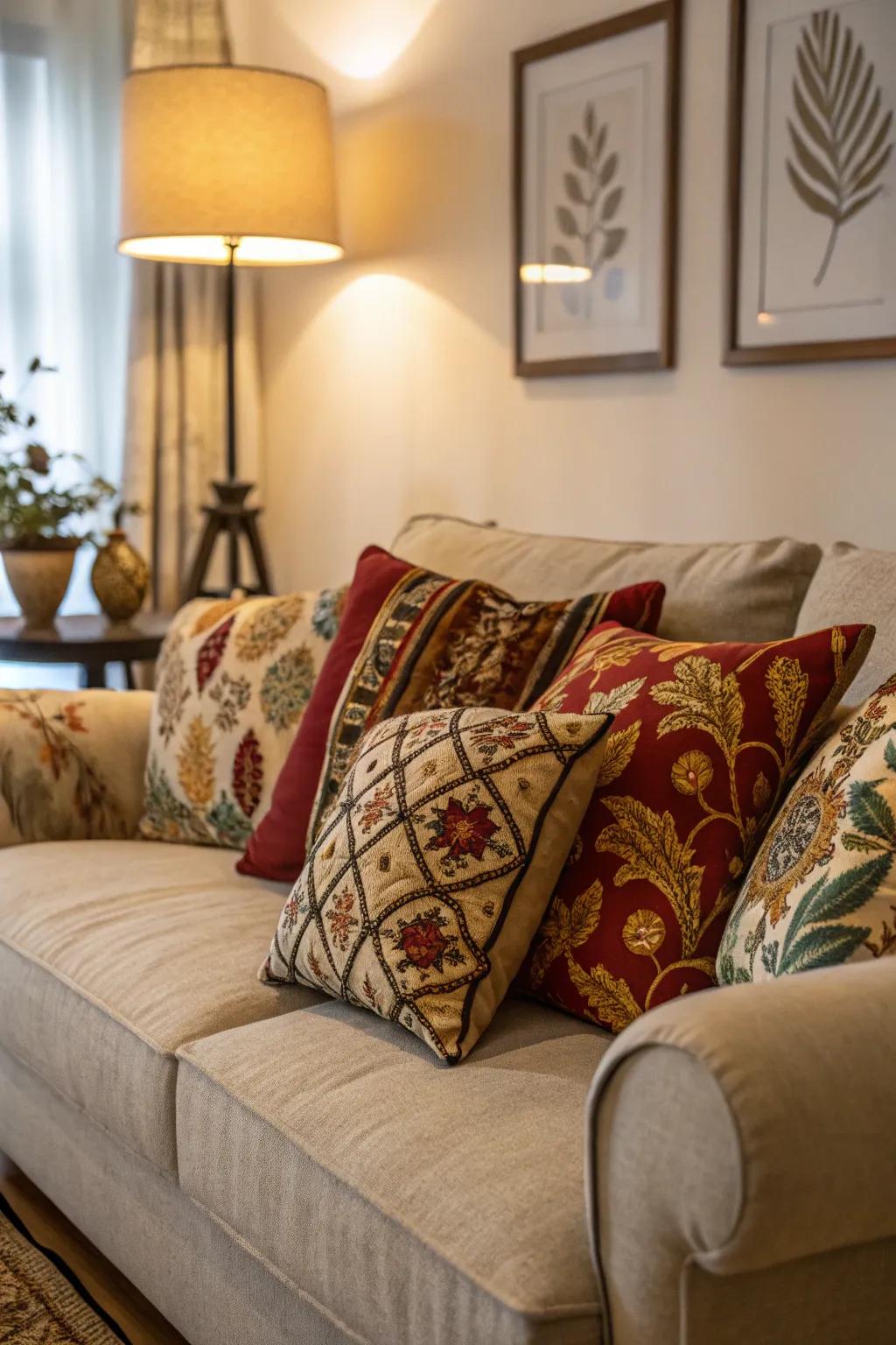 A cozy sofa adorned with a variety of decorative pillows.