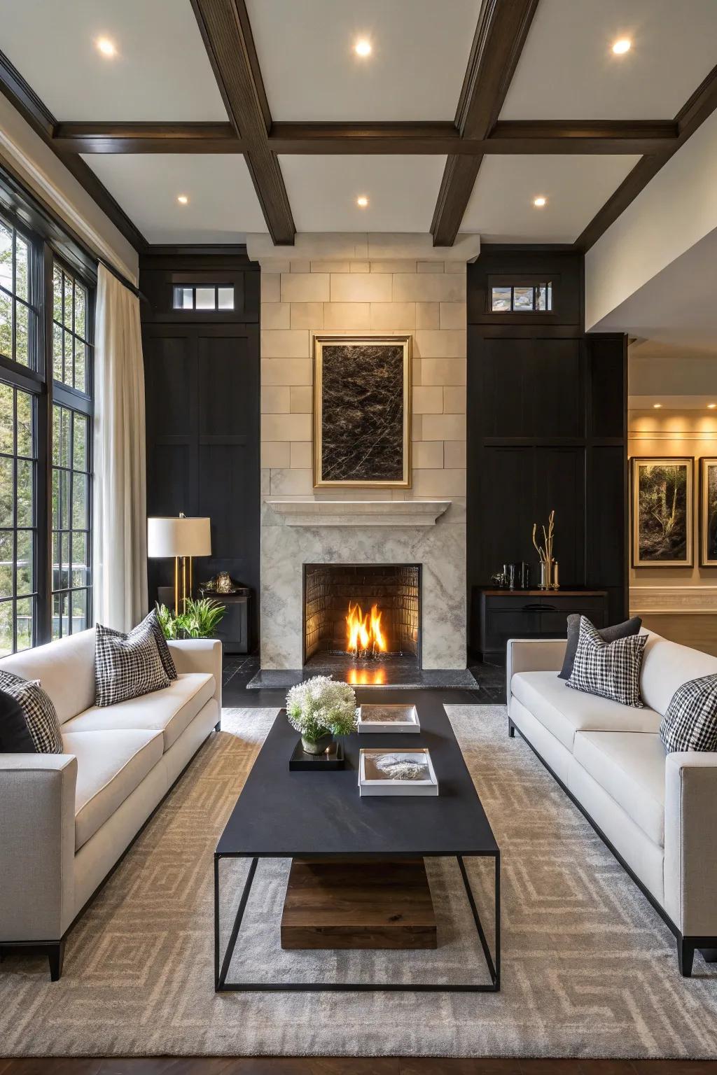 A contemporary living room with a fireplace featuring a bold contrast of colors.