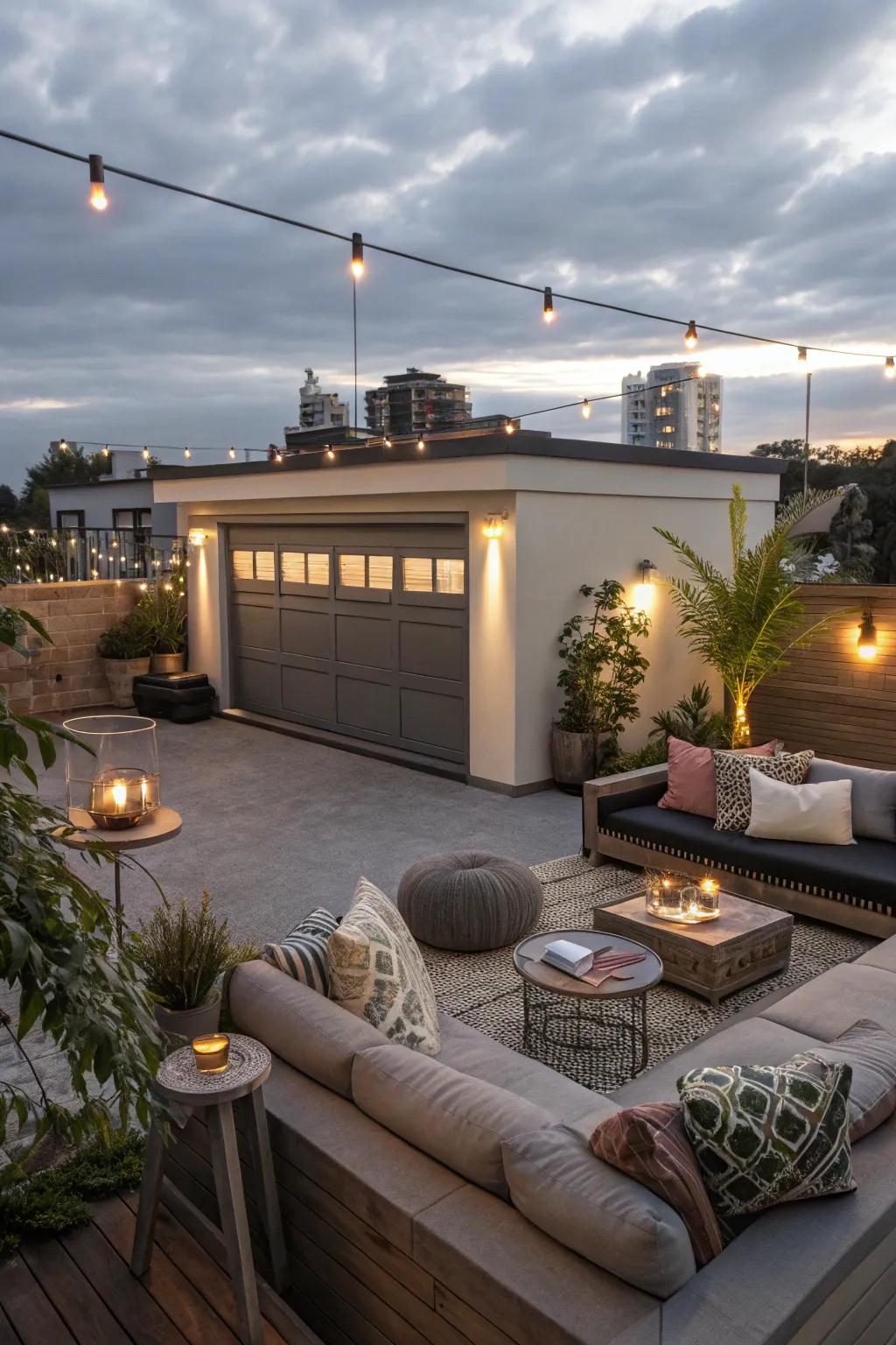 A sky lounge on a flat roof garage creates a stunning space for relaxation.