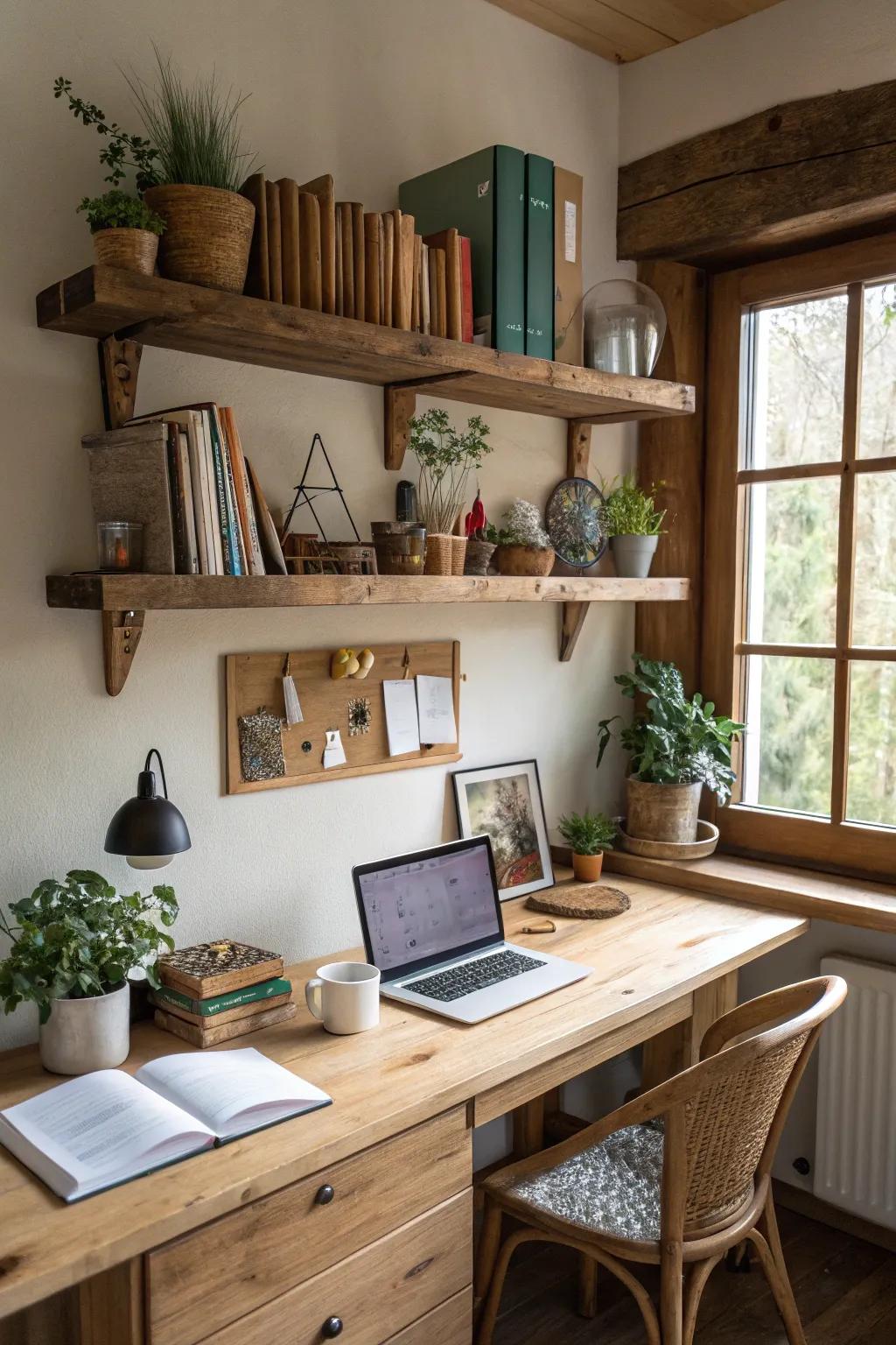 Wooden floating shelves add rustic charm to your workspace.