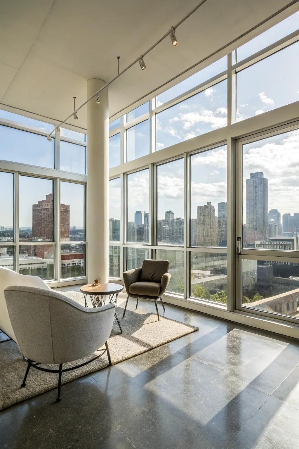 Concrete flooring adds a modern industrial flair to this stylish space.